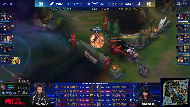 中单队 1-0 下路队:Chovy15杀卡莎全场carry,中单队逆转胜